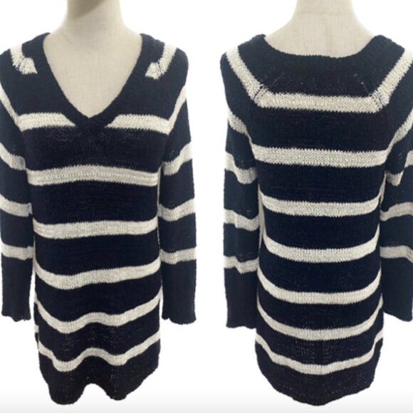 TALBOTS BLACK & OFF WHITE STRIPED KNIT TUNIC PREPPY V-NECK SWEATER VGC SZ S - Picture 1 of 6